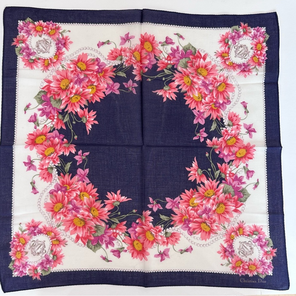 WOMEN HANDKERCHIEF CHRISTIAN DIOR Pink Purple Floral Mini Scarf COTTON 18” - Picture 6 of 6